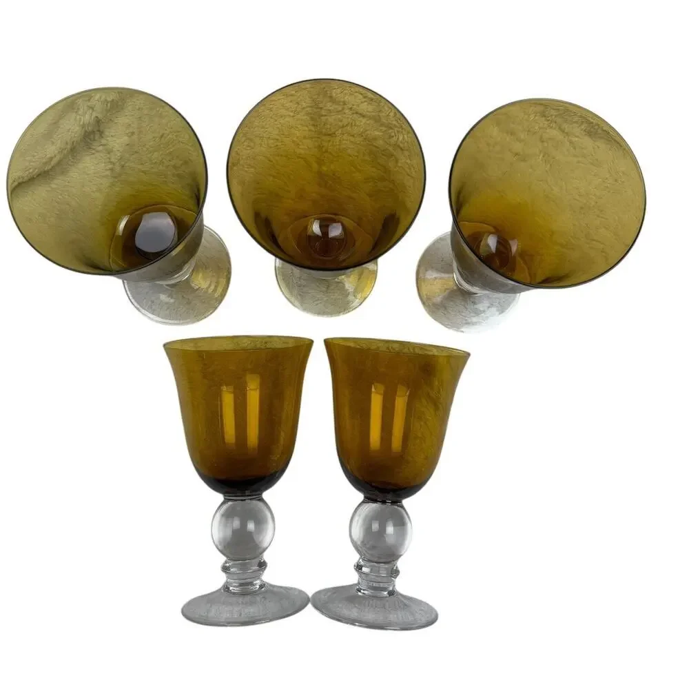 Amber & Clear Glass Iced Tea/Water Goblets Bulbous Stem 12 oz Set Of 5 Vintage
